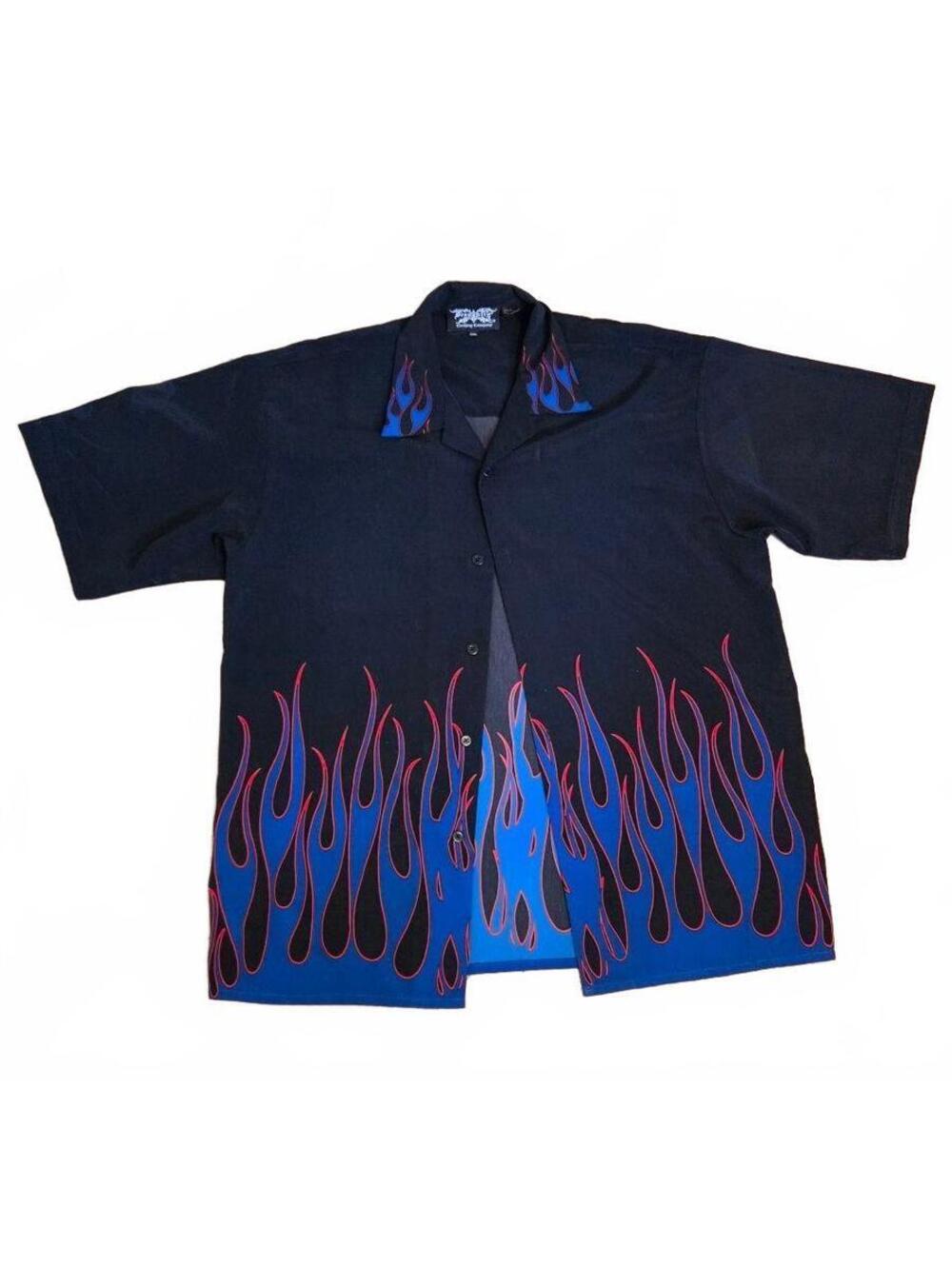 Vintage Y2K Dragonfly Flame Button Up Shirt Mens XXL Blue Red Flames Bowling